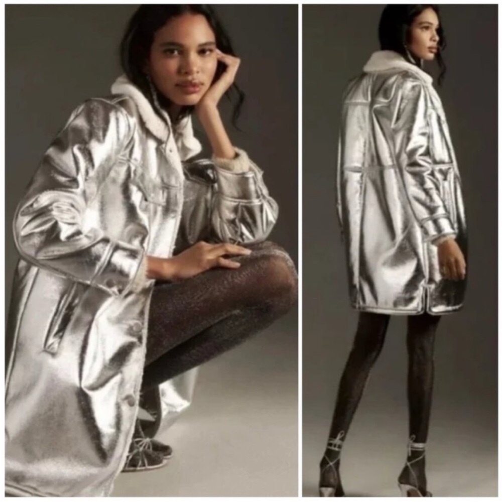 7 For All Mankind Silver Metallic Y2K Spacecore Teddy Coat Size L